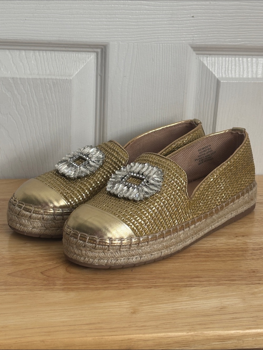 INC Madilyn Raffia Upper Gold Espadrille Slip-On Flats Decorative Crystal Buckle